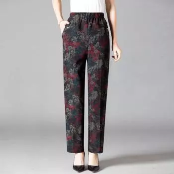 Свободные брюки большого размера с эластичной резинкой на талии, женские брюки среднего и пожилого возраста, прямые эластичные брюки с высокой талией и принтом, 8XL 8XL