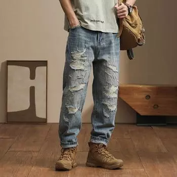 Свободные брюки Харлан с заплатками и дырками, повседневные универсальные трендовые джинсы, мужские повседневные брюки, одежда, рабочие брюки, брюки для отдыха 28 синий