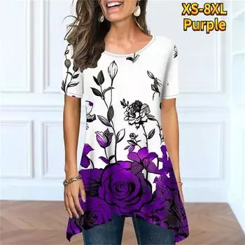 Свободные цветы с цифровой 3D печатью и коротким рукавом, новые летние повседневные женские футболки, пуловеры с круглым вырезом, модные повседневные уличные футболки 5XL