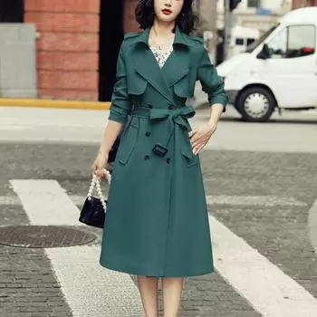 Свободные длинные плащи, женская куртка с лацканами с поясом, женские двубортные ветровки, пальто S зелёный