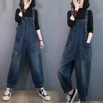 Свободные джинсовые комбинезоны, женские повседневные мешковатые брюки большого размера, джинсовые комбинезоны с большими карманами и цветочным принтом, комбинезоны на бретельках XXL синий