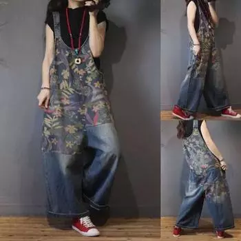 Свободные джинсовые комбинезоны, женские повседневные мешковатые брюки большого размера, джинсовые комбинезоны с большими карманами и цветочным принтом, комбинезоны на бретельках XXL синий
