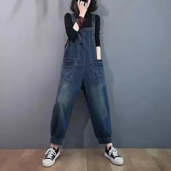 Свободные джинсовые комбинезоны, женские повседневные мешковатые брюки большого размера, джинсовые комбинезоны с большими карманами и цветочным принтом, комбинезоны на бретельках S синий
