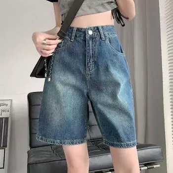 Свободные джинсовые шорты, женские прямые повседневные брюки с высокой талией, летние джинсы в корейском стиле, уличная одежда S синий
