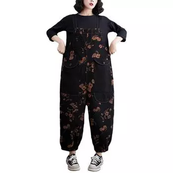 Свободные джинсы, черный комбинезон, женские повседневные мешковатые женские брюки большого размера, джинсовые джинсы с цветочным принтом и большими карманами S чёрный