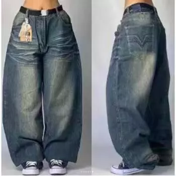 Свободные джинсы мужские ретро вышивка хип-хоп готика уличная одежда Харадзюку мужские повседневные брюки XS