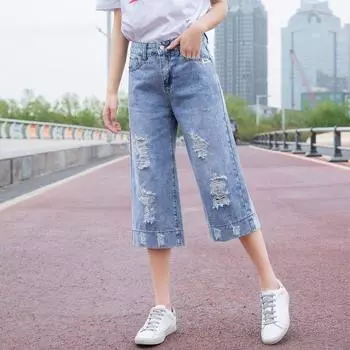Свободные джинсы с высокой талией и широкими штанинами для женщин, летние джинсовые брюки с дырками 28 синий