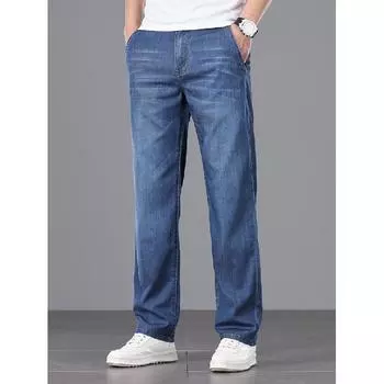 Свободные джинсы с высокой талией, модные прямые брюки на весну и лето, новые легкие деловые брюки для мужчин 29 джинсовый синий