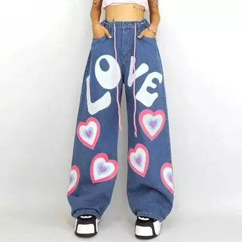 Свободные джинсы в пол с принтом Love Print для девочек, широкие брюки L синий