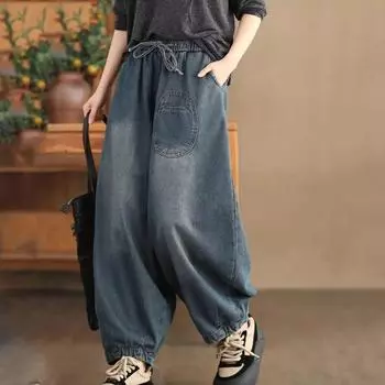 Свободные джинсы женские литературные ретро эластичный пояс однотонные свободные потертые женские универсальные брюки Daddy XXL синий