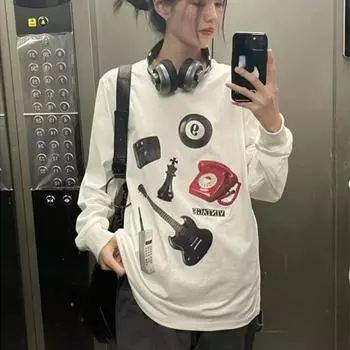 Свободные футболки с длинным рукавом, универсальные повседневные футболки для женщин и мужчин с забавным принтом, базовые футболки с круглым вырезом Y2k, эстетические корейские модные футболки Harajuku S белый
