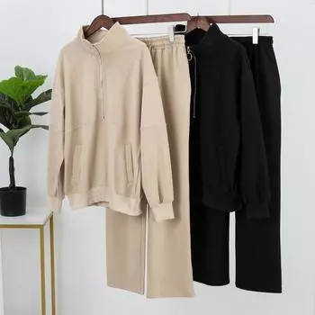Свободные хлопковые комплекты из двух предметов, женские осенне-зимние повседневные пуловеры с воротником на молнии и широкие брюки, спортивный костюм S чёрный