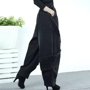 Свободные и повседневные женские широкие джинсовые брюки на осень и зиму M чёрный