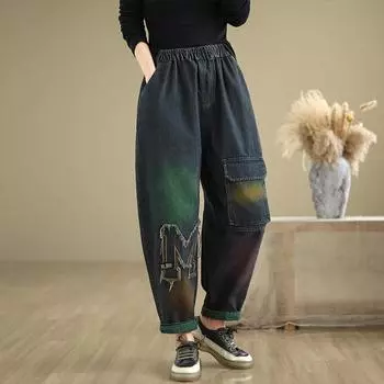 Свободные и удобные джинсы в стиле «шаровары» с модным принтом для женщин больших размеров M