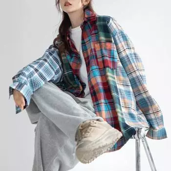 Свободные клетчатые рубашки, женский топ контрастного цвета, мешковатая рубашка в американском стиле ретро, уличная одежда с длинными рукавами, универсальная женская одежда M