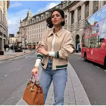 Свободные контрастные куртки-бомберы на молнии для женщин, элегантные лацканы с длинным рукавом и карманами, пальто для женщин, осенняя повседневная верхняя одежда для женщин S бежевый