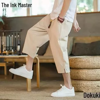 Свободные льняные мужские шаровары в китайском стиле - летние легкие укороченные брюки с широкими штанинами 4XL хаки