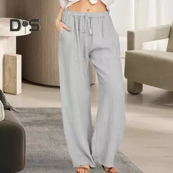 Свободные льняные женские брюки, удобные шикарные брюки с завязками на талии и боковыми карманами, женские аксессуары M хаки