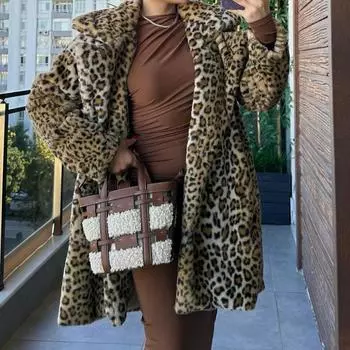 Свободные леопардовые принты искусственный мех пальто женские винтажные лацканы меховые карманы утолщенные осень зима мода леди пальто XS