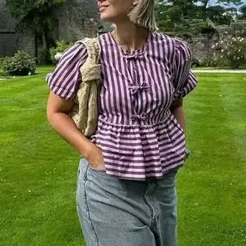 Свободные летние топы с бантами, блузка с длинными рукавами-фонариками и оборками, винтажная полосатая блузка с бантом и шнуровкой для офиса S фиолетовый