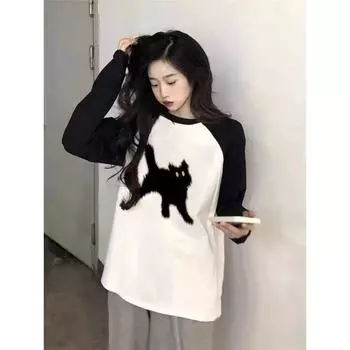 Свободные лоскутные футболки, универсальные повседневные женские уличные топы с кошачьим принтом Y2k, эстетические футболки в стиле Харадзюку на весну и осень M