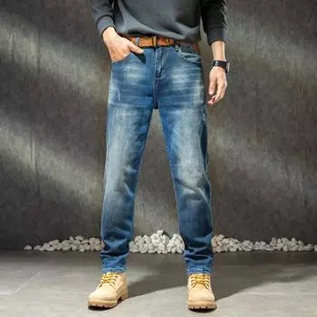 Свободные мужские эластичные прямые брюки-трубы, мужские весенние новые стандартные винтажные белые длинные брюки из мерсеризованного хлопкового денима для мужчин 28