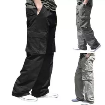 Свободные мужские брюки-карго с высокой талией, широкие брюки с несколькими карманами, уличная одежда, осенние брюки M чёрный