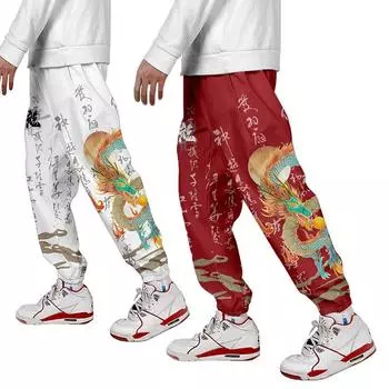 Свободные мужские брюки в стиле хип-хоп, уличная одежда с принтом дракона, мужские брюки в китайском стиле, спортивные брюки с эластичной резинкой на талии S чёрный