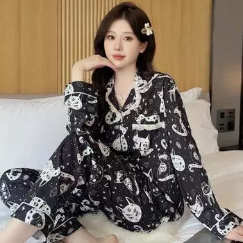 Свободные ночные рубашки для девочек, женские пижамы на весну и лето, тонкий шелковый комплект для сна, брюки с длинным рукавом, повседневная домашняя одежда, костюм M