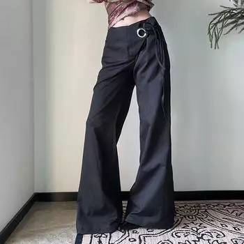 Свободные однотонные расклешенные брюки женские со шнуровкой и средней талией, с карманами на молнии, женские брюки 2025 года, весна-осень, модные новые женские брюки S чёрный