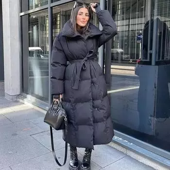 Свободные парки женские модные однотонные пальто с пуговицами женские элегантные длинные хлопковые куртки с завязками на поясе женские S чёрный