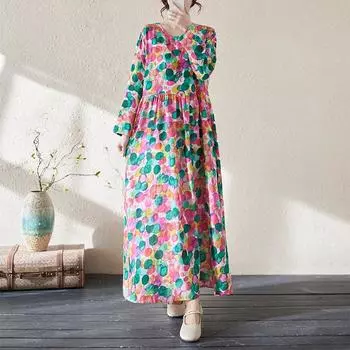Свободные платья с длинным рукавом и круглым вырезом для женщин, модное повседневное длинное платье с принтом, платья в стиле ретро для отпуска, большие размеры L