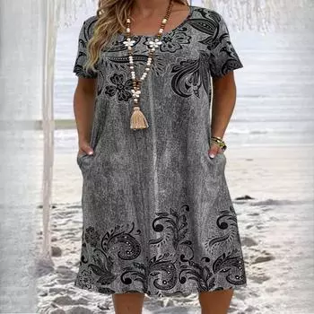 Свободные платья с карманами и принтом для женщин больших размеров на весну и лето XL серый