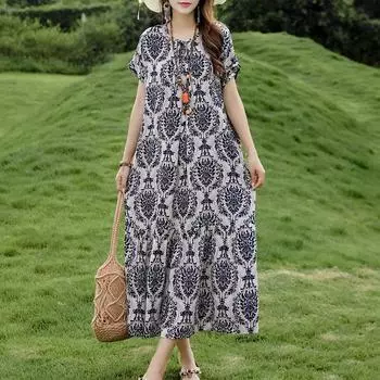Свободные платья с винтажным принтом для женщин, повседневное длинное платье больших размеров с короткими рукавами, летняя женская одежда среднего возраста XL