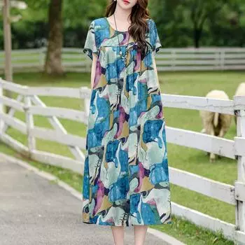Свободные платья с винтажным принтом для женщин, большие размеры, повседневное длинное платье с коротким рукавом, летняя элегантная женская одежда среднего возраста XL