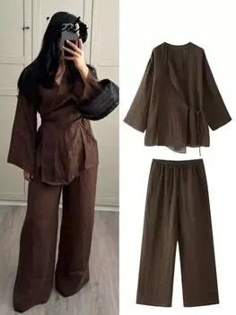 Свободные плиссированные длинные брюки, женские элегантные блузки с V-образным вырезом и шнуровкой, длинные рукава, широкие брюки, комплекты для женщин 2024 года, весна-осень XS коричневый