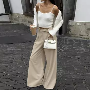 Свободные плиссированные однотонные широкие брюки женские весна-осень модные повседневные брюки с высокой талией универсальные длинные брюки Ofiice Lady Streetwear S хаки