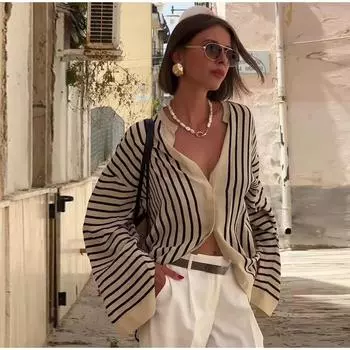 Свободные полосатые женские рубашки с разрезом на манжете, повседневные блузки, элегантные женские гладкие рубашки, модная винтажная шикарная женская блузка с круглым вырезом S белый/чёрный