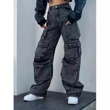 Свободные повседневные джинсы-карго с высокой талией и множеством карманов в стиле пэчворк S серый