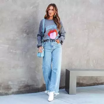 Свободные повседневные модные простые прямые женские джинсы с бахромой S синий