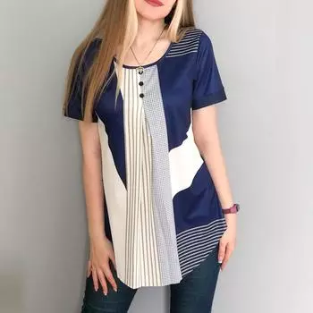 Свободные повседневные топы для женщин на весну и лето в корейском стиле с полосатым клетчатым принтом, круглым вырезом и короткими рукавами, шифоновая футболка для девочек больших размеров S синий