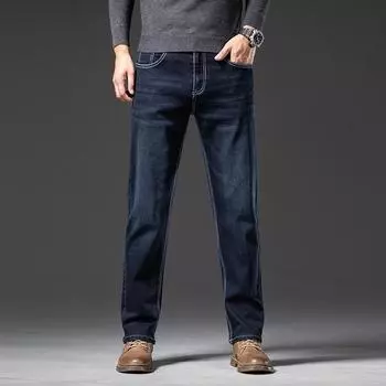 Свободные прямые брюки 2024 года с добавлением жира и эластичные джинсы больших размеров для мужчин 30 синий