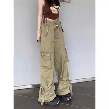 Свободные прямые брюки с эластичной резинкой на талии и поясом на шнуровке с боковым карманом Брюки y2k летние брюки-карго