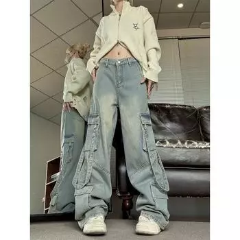 Свободные прямые длинные джинсовые брюки с боковым карманом и лентой, синие джинсовые брюки-карго-бойфренды, женские брюки y2k, брюки S синий