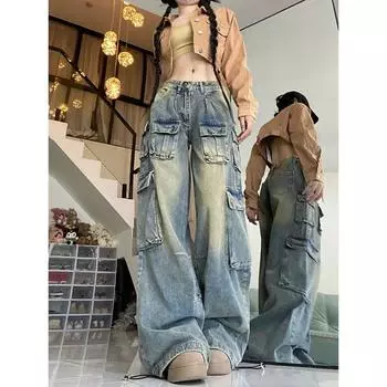 Свободные прямые длинные джинсовые брюки с боковым карманом с клапаном, джинсовые брюки-карго бойфренда, женские брюки y2k, брюки с несколькими карманами, техническая одежда S синий