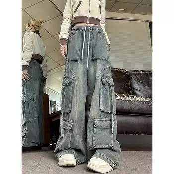 Свободные прямые длинные джинсовые брюки с карманами-карго и карманами-карго бойфренда, женские брюки Y2k, брюки Techwear Harajuku L синий