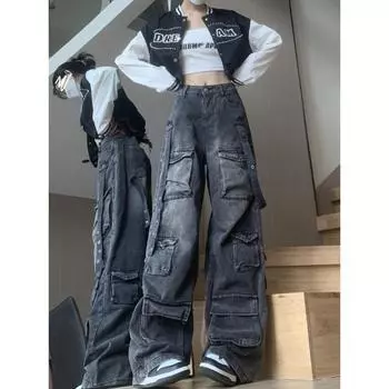 Свободные прямые длинные джинсовые брюки с клапаном и карманом на ленте, джинсовые брюки-карго бойфренда, женские брюки y2k, брюки в стиле хип-хоп, панк S чёрный