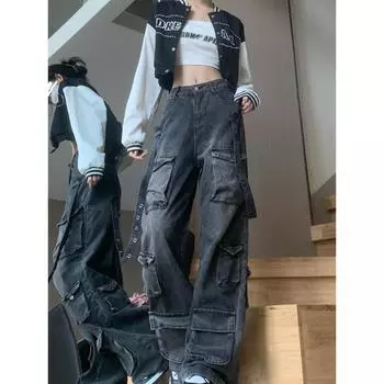 Свободные прямые длинные джинсовые брюки с клапаном и карманом на ленте, джинсовые брюки-карго бойфренда, женские брюки y2k, брюки в стиле хип-хоп, панк S чёрный
