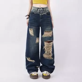 Свободные прямые длинные джинсы, брюки в стиле пэчворк, контрастные цветные блоки, джинсовые брюки-карго бойфренда, женские брюки y2k, брюки S синий