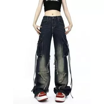 Свободные прямые длинные джинсы с рваной звездой и боковым карманом с клапаном и лентой, джинсовые брюки-карго бойфренда, женские брюки y2k, брюки S синий